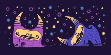 Çocuklar için çizgi film sevimli hayvanlar. Boynuzlu kawai canavarları. Kız ve erkek canavarlar yıldızlı gökyüzünün arka planında.