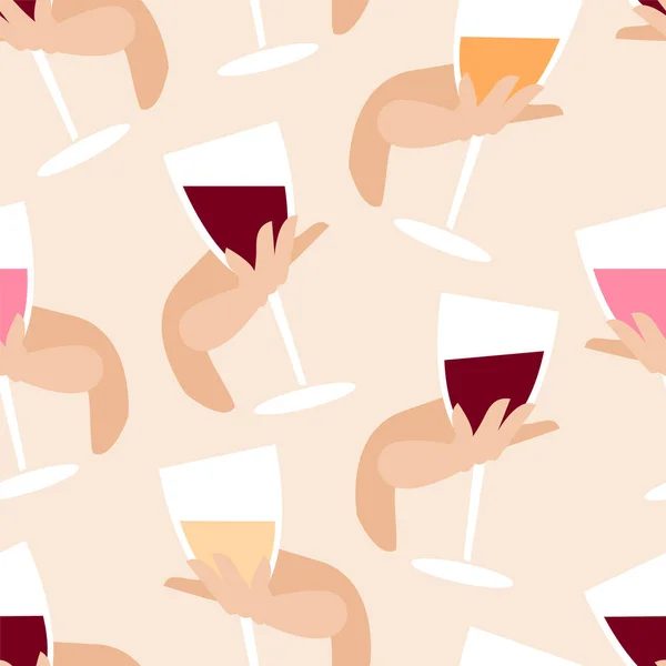 Patrón sin costuras, vaso de vino en la mano. bebida alcohólica en vaso. Vino blanco, tinto, naranja, rosa. vino de copa llena en la mano agraciada de la chica. — Vector de stock