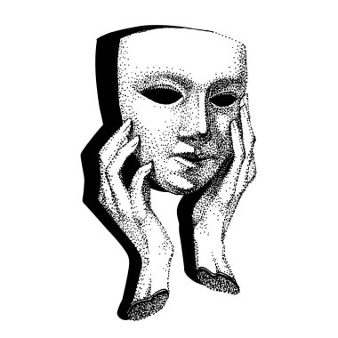 Gölgeli ellerde maske. Tiyatro oyuncusu dövmesi. İkiyüzlü, sahtekar, düzenbaz, bir sürü yüz. Klasik siyah beyaz şablon. drama portresi.