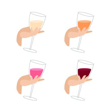Şarap listesi simgesi seti. Kadın elinde bir bardak şarap. Alkollü bir içecekle el ele tutuşmak. Beyaz, turuncu, gül, kırmızı şarap. Şarap çeşitleri..
