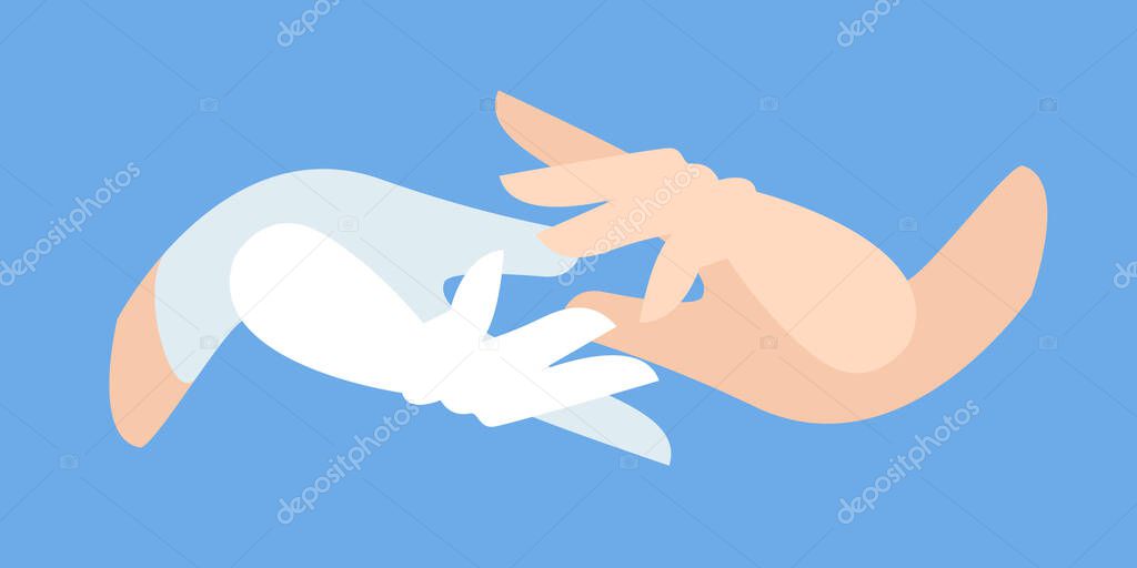 hand of a medic in a protective white glove takes the patient s hand. Latex gloves as a symbol of protection. medical care. helping hand, first aid.