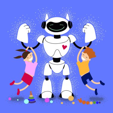 Çocuk bakıcısı robot çocuk vektör çizimi. Çocuklu Robot Dadı. Robot arkadaş. Nazik robot ev gelecekçi asistanı çocuklarla oynuyor.