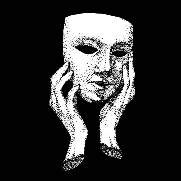 Eller bir tiyatro maskesi tutuyor. Çizim tekniği. İkiyüzlü, sahtekar, düzenbaz, bir sürü yüz. Klasik siyah beyaz şablon. drama portresi.