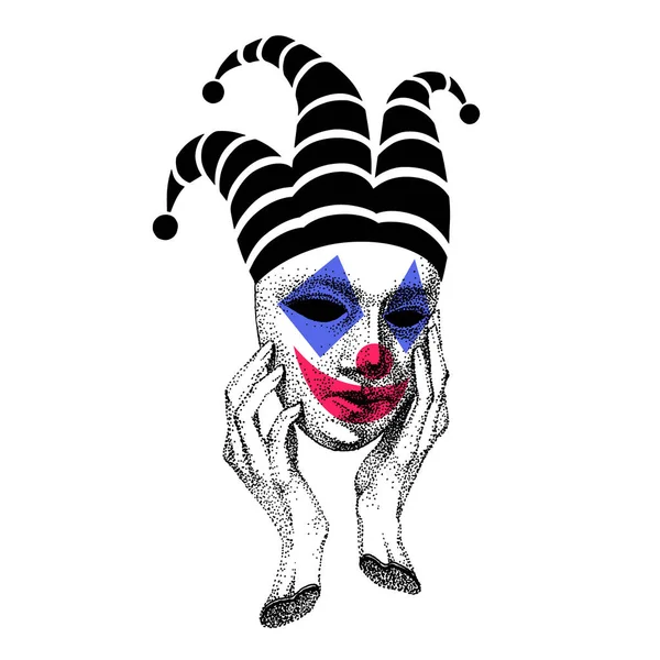 Joker. Sad clown. Sad smile. Drawing of the face of a circus performer. mask of lycidea, lycimer, trickster, rogue. creepy performance in the theater.