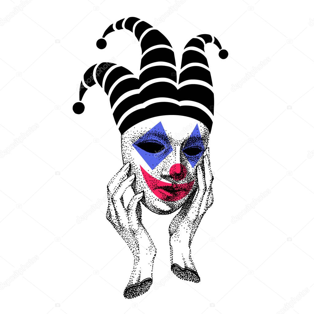Joker. Sad clown. Sad smile. Drawing of the face of a circus performer. mask of lycidea, lycimer, trickster, rogue. creepy performance in the theater.
