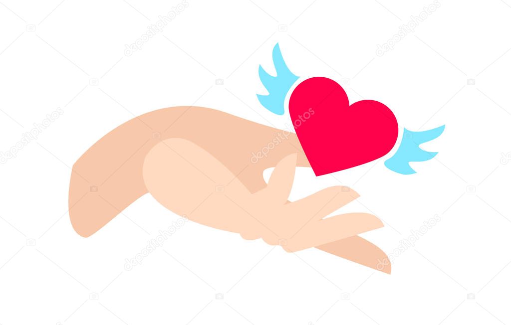 Red heart with blue wings in hand, flat vector illustration isolated on white background. A symbol of selfless gift, charity, donations, help, love and friendship.