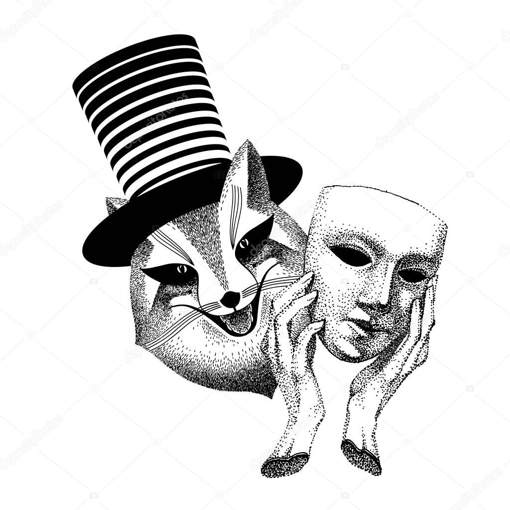 Hypocrite, trickster. Joker is an evil trickster. Sly fox hides behind a mask. Man magician with cylinder hat. anthropomorphic animal, rogue, mischievous. black and white handmade illustration.