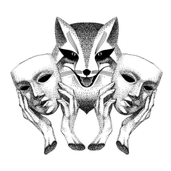 Engañador Sly Fox Sonríe Fox Con Dos Máscaras Las Manos — Vector de stock