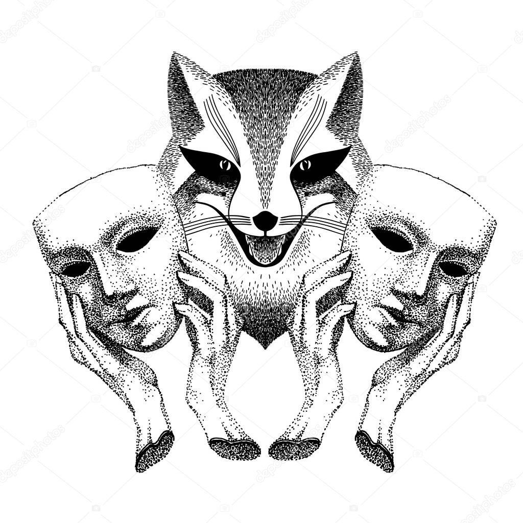 Trickster. Sly fox smiles. Fox with two masks in his hands. Fashionable black and white tattoo. Liar, dodger, mischievous, hoaxer. archetype in mythology, folklore and religion.