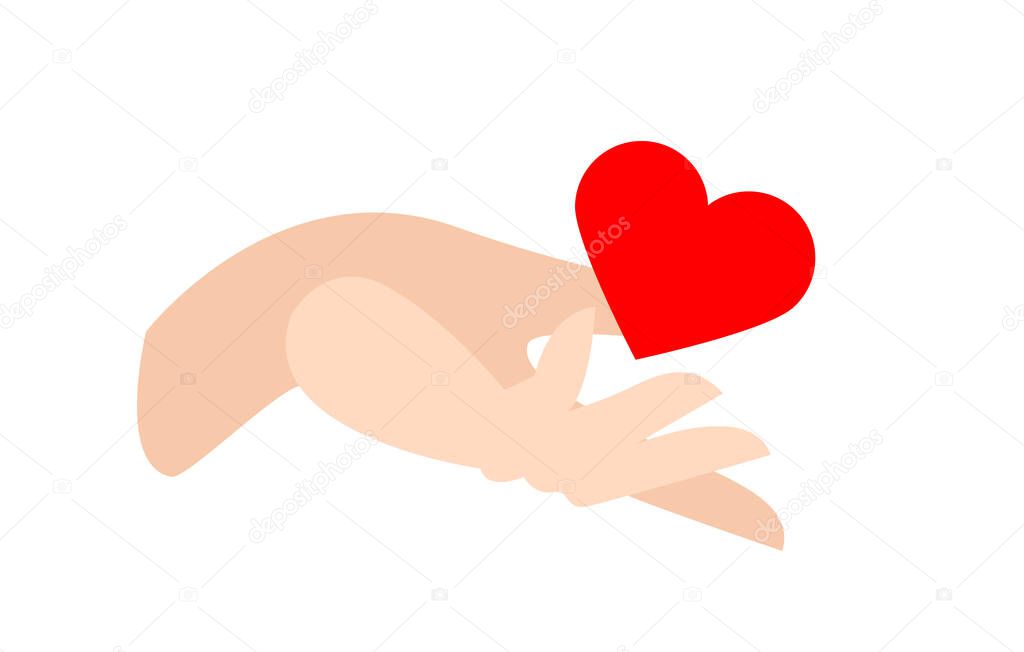 red heart in hand, flat vector icon illustration isolated on white background. A symbol of selfless gift, charity, donations, help, love and friendship.