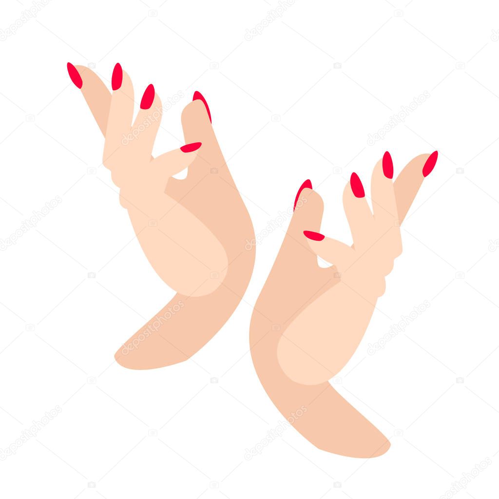 manicure, hand care, neat well-groomed two female hands with red nail polish, gel coat nail polish. delicate skin after a soft cream. spa treatments in the salon rejuvenating the skin of the hands.