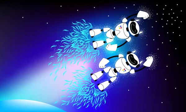 Andróides Espaço Robôs Estão Voar Espaço Exploração Espacial Com Ajuda — Vetor de Stock