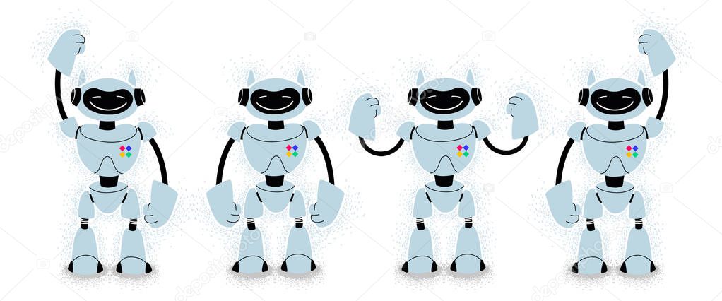 Cute cartoon droids on a white background with different position of hands. vector illustration in a flat style. bots, androids. set of robots.
