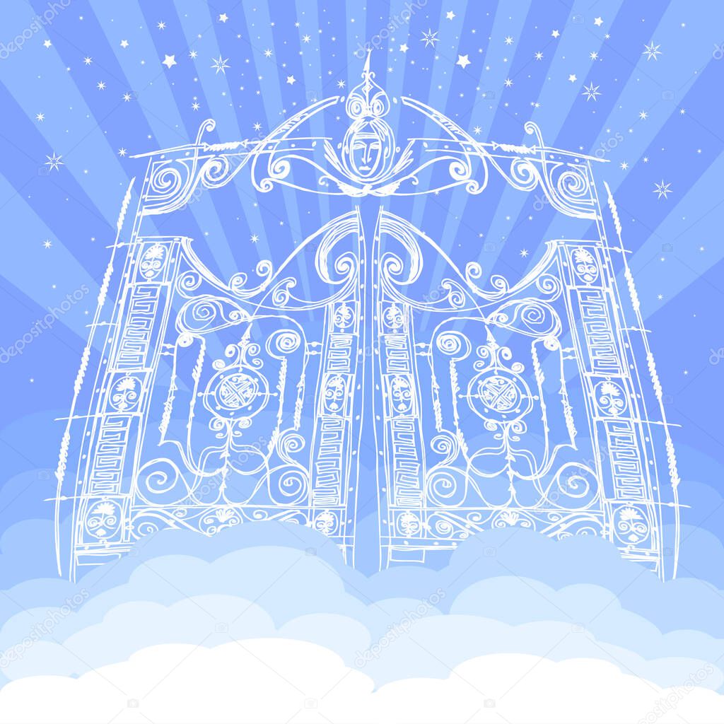 Vector heavenly gates in Eden. Gate to Paradise In clouds. entrance to the kingdom of heaven. vector illustration in white and blue color of Gods dwelling. meeting with God, a symbol of Christianity.