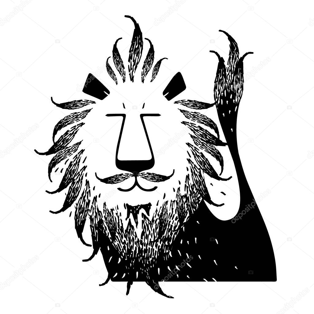 Decorative cartoon template lion. Cute hand drawn animal in black and white style vector illustration. Handmade poster. Sketch for children textile, clothes, nursery, kids apparel, print, postcard.