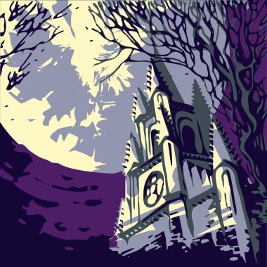 Dev bir dolunayın arka planında kulesi olan bir tapınak. Cadılar Bayramı manzarası retro tarzında. Katolik kilisesi ve ağacı olan klasik şehir manzarası. Şehirde gizemli bir gece..