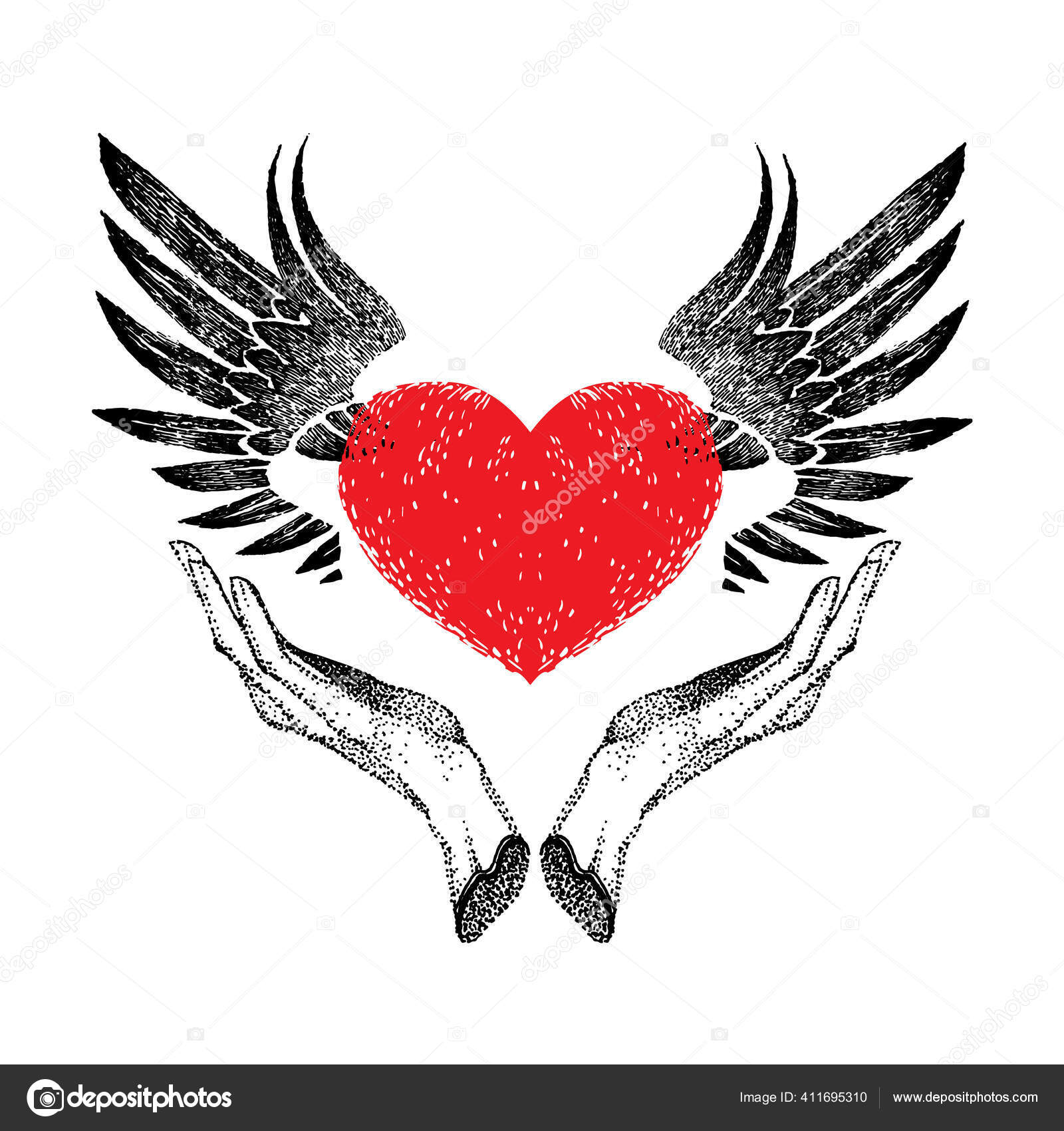 手に黒い翼を持つヴィンテージグラフィックレッドハート ラベル サイン タトゥー アート デザインのための装飾的なエンブレム  白い背景のレトロなスタイルでベクトルイラスト ストックベクター ©mvdiduk 411695310, image size:1600x1700
