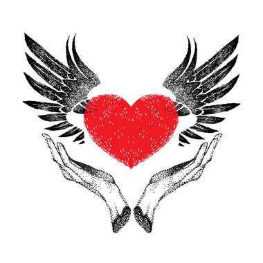 Elinde açık siyah kanatları olan klasik kırmızı bir kalp. Logo, etiket, işaret, marka, dövme, sanat, tasarım için dekoratif amblem. Beyaz arkaplan üzerinde geçmişe dönük illüstrasyon.