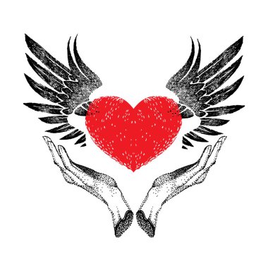 vintage graphic red heart with open black wings in hands. decorative emblem for logo, label, sign, trademark, tattoo, art, design. Vector illustration in retro style on a white background. clipart