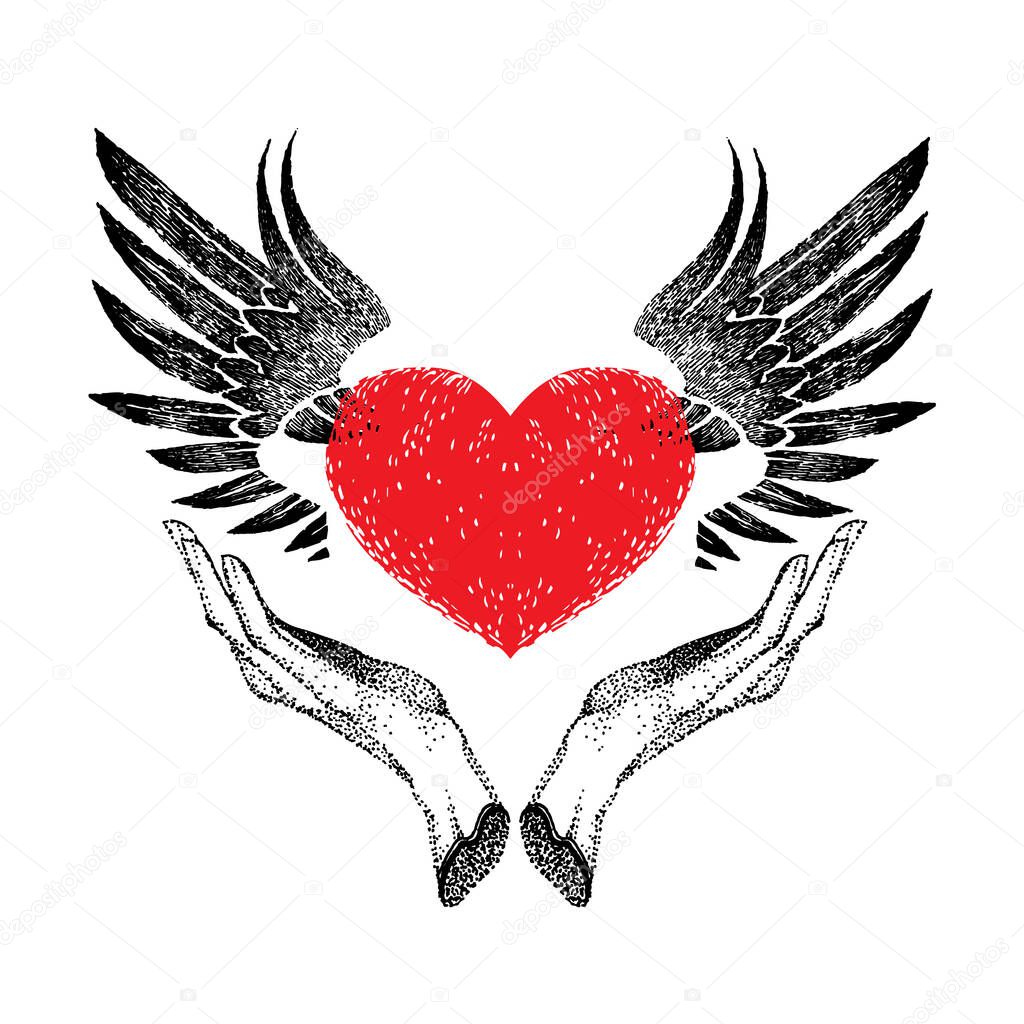 vintage graphic red heart with open black wings in hands. decorative emblem for logo, label, sign, trademark, tattoo, art, design. Vector illustration in retro style on a white background.
