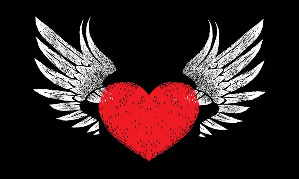 Rotes Herz Mit Offenen Weißen Flügeln Auf Schwarzem Hintergrund Retro — Stockvektor