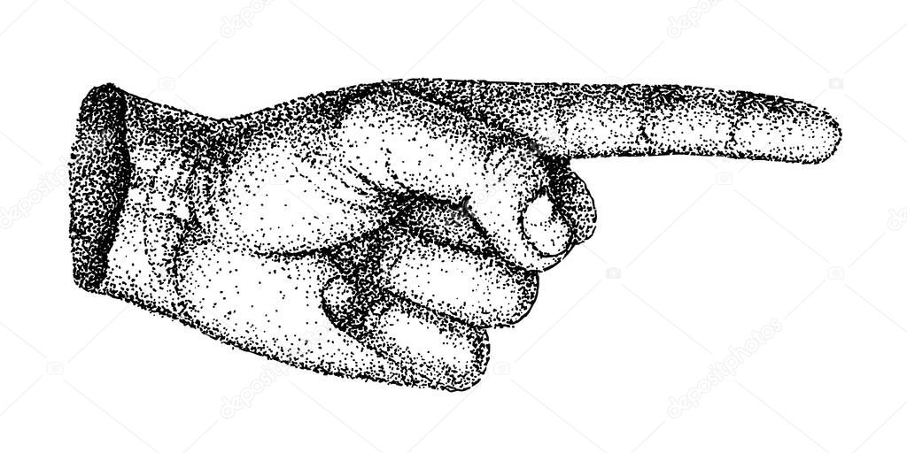 Vintage vector illustration of a hand drawn pointing finger gesture showing direction. black and white template for tattoo, poster, print or t-shirt in retro style. dot graphics.