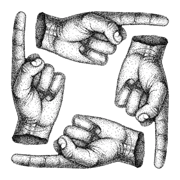 Uppsättning vintage vektor illustration av en hand dras pekfinger gest som visar riktning. svart och vit mall i retrostil. punktgrafik. — Stock vektor