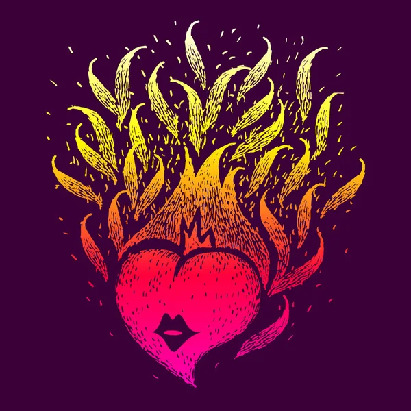 Gradient rouge coeur brûlant sur fond sombre. Illustration vectorielle vintage faite main. Le feu de l'amour. Flamme de coeur. Croquis pour affiche, imprimé, t-shirt. — Image vectorielle