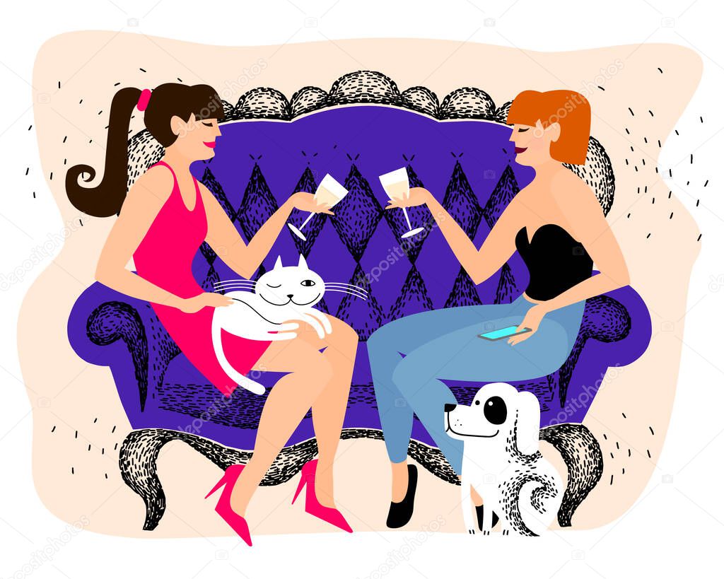 two young beautiful girlfriends sitting on the sofa, drinking wine in glasses, gossiping, chatting, making small talk. girls love pets, dogs and cats.