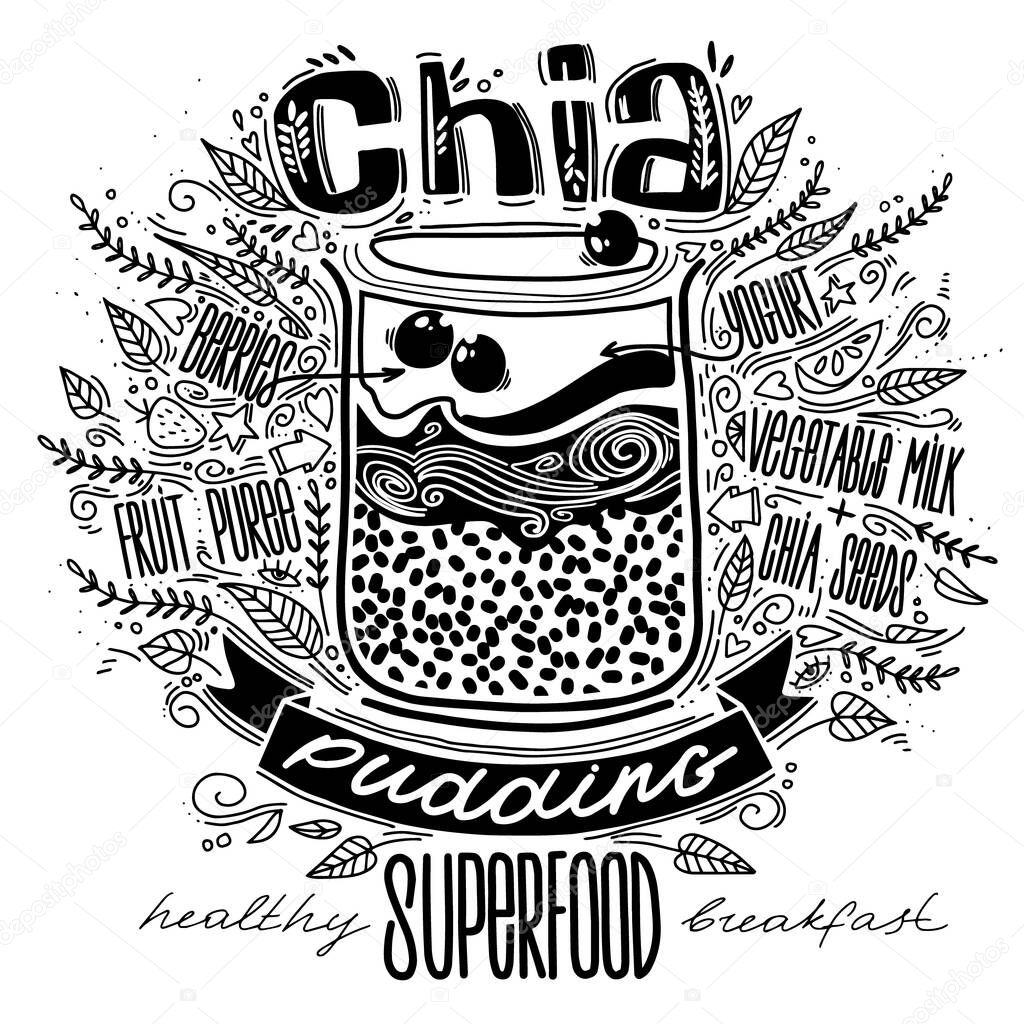 chia pudding in doodle style with lettering. breakfast superfood. healthy food concept lifestyle. chia seeds smoothie recipe. hipsters dessert.