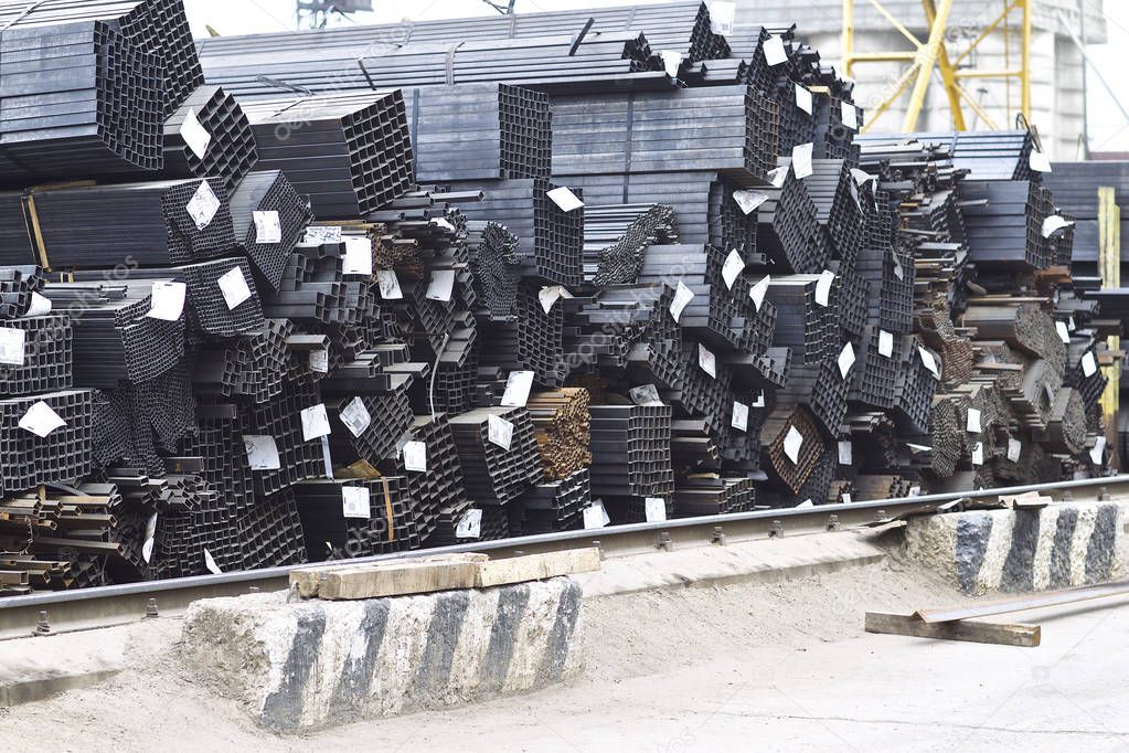 Metal profiles of different kinds are located in the metal products warehouse
