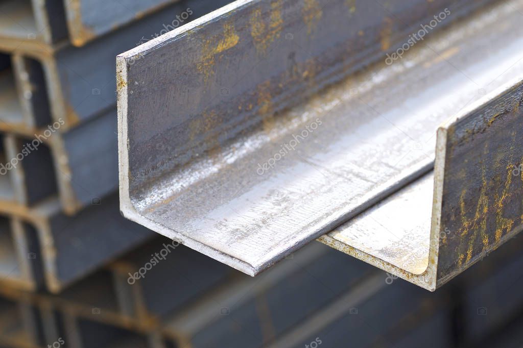 Metal profiles of different kinds are located in the metal products warehouse