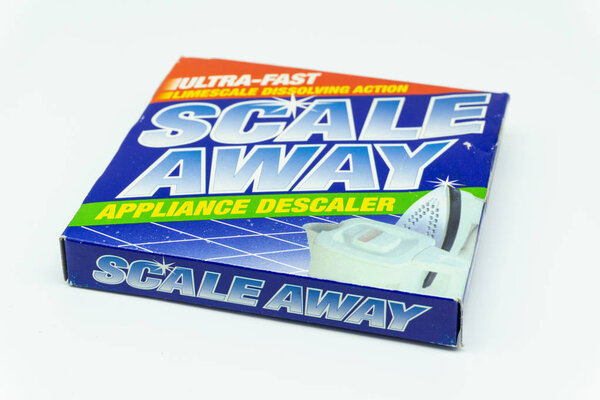 Largs, Scotland, UK - August 14, 2018: Scale away brand descaler in a recyclable cardboard box.