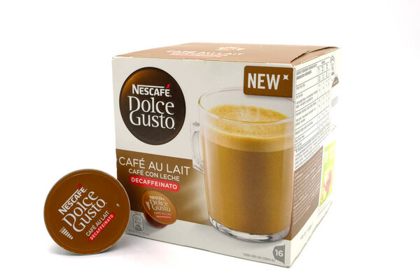 Largs, Scotland, UK - October 04, 2018: Nescafe Dolce Gusto Cafe au Lait Decaf Coffee in recyclable packaging. in line with UK current recycling initiatives.