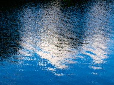 Gökyüzü ve Bulutların Yansıması ile Soyut Su Yüzeyi Dalgalanma Kalıpları - Mavi Doğa Arkaplanı.