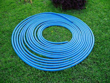 Mavi Su Hortumu Yeşil Çimen Çimenliği 'nde Sarmalanmış Bahçe Malzemeleri ve Bahçe İşleri.