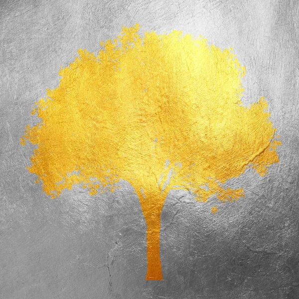 Χρυσό δέντρο με φύλλα απομονωμένα σε λαμπερό ασημένιο φόντο. Πλούσια δημιουργική αφηρημένη. Στοιχείο σχεδίασης. — Φωτογραφία Αρχείου