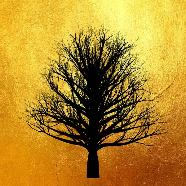 Parlak altın arka plan üzerinde izole siluet yaprakları olmadan Ağaç. Yaratıcı soyut. — Stok fotoğraf