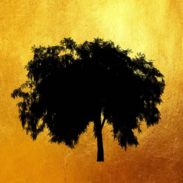 Parlak altın arka plan üzerinde izole yaprakları siluet ile Ağaç. — Stok fotoğraf