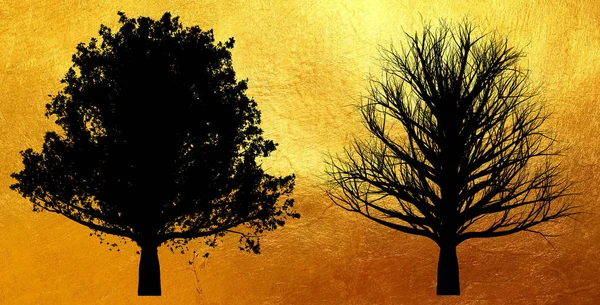 Yaprakları ve parlak altın arka plan üzerinde izole yapraksız ağaç silueti ile Ağaç. Yaratıcı soyut. — Stok fotoğraf