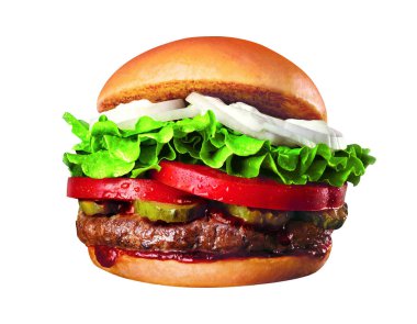 Beyaz arka planda izole edilmiş lezzetli hamburger.