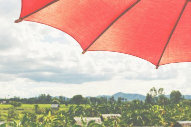 Ev terrece gökyüzüne yağmur bulutu altında kırmızı şemsiye.