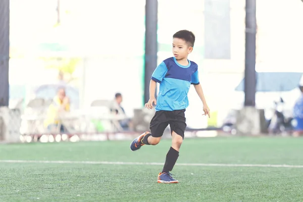 Young Asian Football Player Blue Jersey Competition — Stock Photo, Image