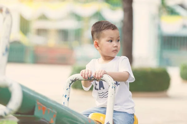 Μικρό Αγόρι Παίζει Μια Τραμπάλα Μοναχικό Στο Πάρκο — Φωτογραφία Αρχείου
