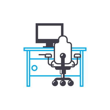 Bilgisayar mobilya doğrusal simgesi kavramı. Bilgisayar mobilya çizgi vektör işaret, sembol, illüstrasyon.