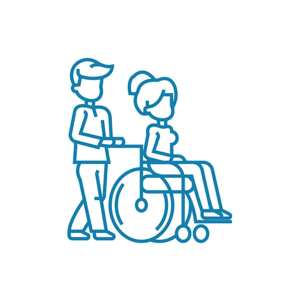 Soins aux personnes handicapées concept d'icône linéaire. Soins pour les personnes handicapées signe vectoriel ligne, symbole, illustration . — Image vectorielle