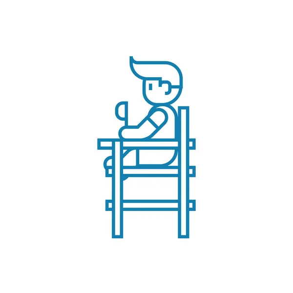 Lineares Icon-Konzept für Kinderspeisesessel. Kinder Esstisch Stuhl Linie Vektorzeichen, Symbol, Illustration. — Stockvektor