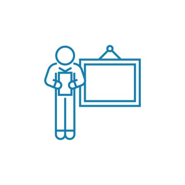 Bir sunuyu doğrusal simgesi kavram teslim. Teslim bir sunum çizgi vektör işaret, sembol, illüstrasyon.