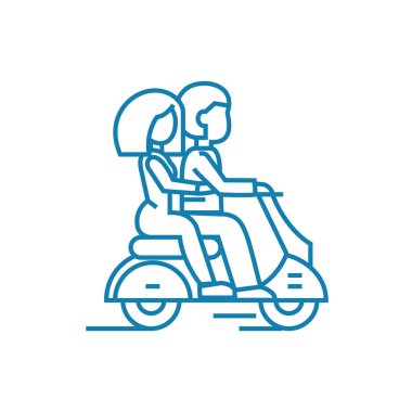 Bir motosiklet doğrusal simgesi kavramı üzerinde sürme. Binme bir motosiklet çizgi vektör işaret, sembol, şekil.