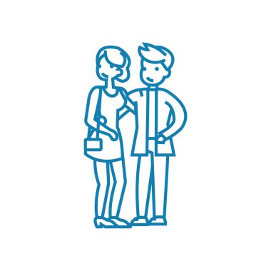 Aşık doğrusal simgesi kavram yürümeye. Yürüyüş severler satır vektör işaret, sembol, illüstrasyon.